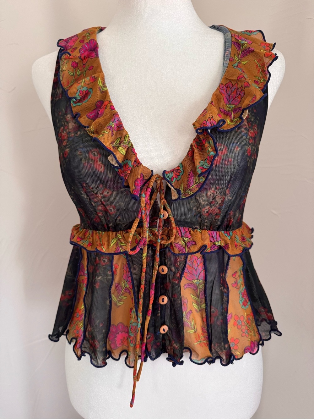 NATURAL LIFE Navy Floral Tie-Front Ruffle “Sierra” Camisole with Mustard Trim
